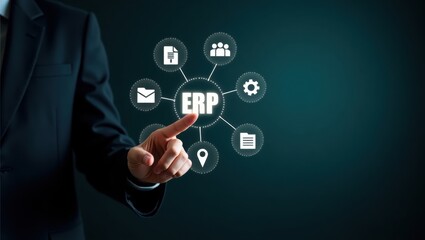 Businessperson interacts with an enterprise resource planning system graphic.