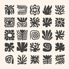 Fototapeta na wymiar Trendy retro 60s 70s inspired groovy floral summer elements set with leaf shapes, flowers, shell, sea coral and sun, blending modern and organic elements. Vector flat illustration.