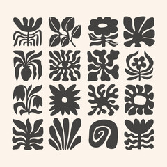 Trendy retro 70s-inspired groovy floral summer elements with leaf shapes, flowers blending modern and organic elements. Vector simple flat illustration.
