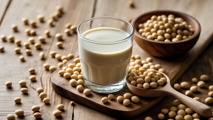 Glass of Fresh Soy Milk with Raw Soybeans on Wooden Table – Healthy Plant-Based Drink for Vegan and Lactose-Free Diets