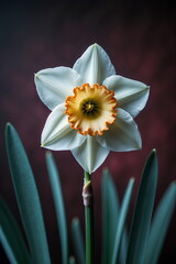 Fototapeta premium Elegant White Daffodil Flower with Orange Trumpet – Macro Botanical Portrait on Dark Background for Spring and Nature Themes