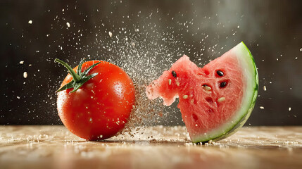 Tomato and watermelon colliding at high speed, fruit carnage