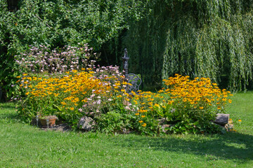 Beautiful colorful arrangement of summer garden, blooming flowers of Rudbeckia and Japanese anemone, natural landscape