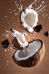 Two halves of a coconut, milk splashing, chocolate pieces, brown background
