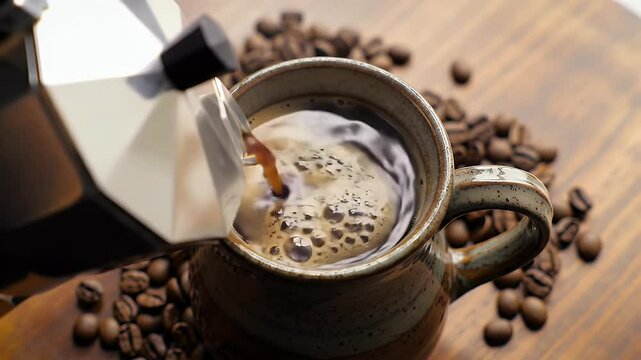 A cinematic slow-motion top-down view of freshly brewed coffee being poured from a moka pot into a ceramic mug.