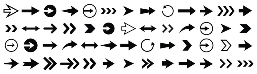 Set of various arrow icons signs and direction pointers. Black arrow icon symbol shape isolated in white background for design projects.