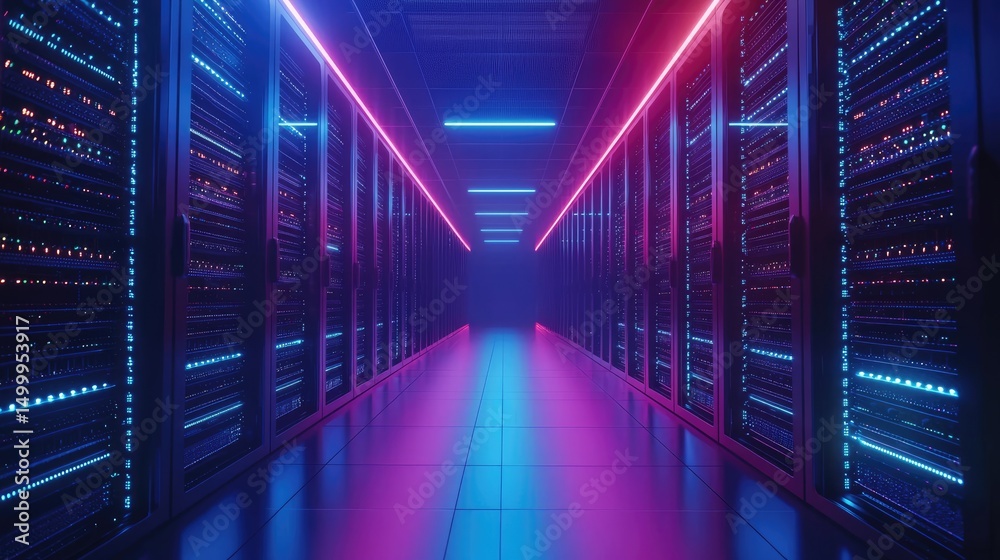Poster Symmetrical neon-lit data center with glowing magenta and cyan lighting along modern server racks, ideal for cloud computing ads, futuristic IT designs, and tech infrastructure visuals