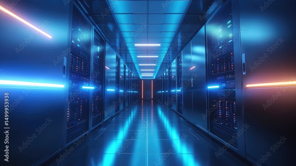 Poster futuristic data center interior with symmetrical rows of glowing server racks under blue and orange 