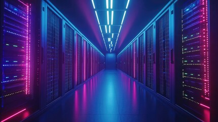 High-tech data center interior with mirrored racks and vivid blue and magenta neon lights, ideal for cloud storage ads, IT service visuals, and digital infrastructure designs