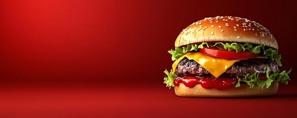 Juicy burger, red backdrop, food ad