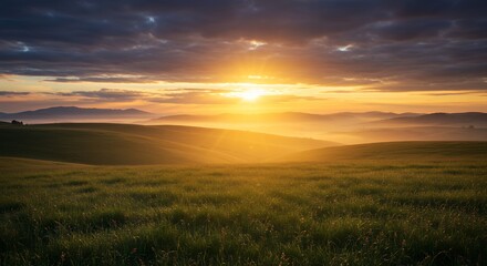 Sunrise Over Green Fields with Dramatic Clouds