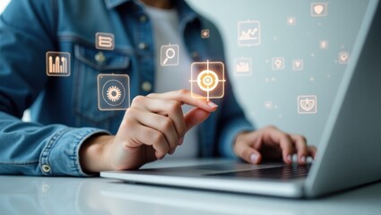 Person interacting with a virtual interface of technological icons.