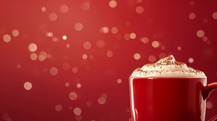 Close up of a red mug filled with hot chocolate topped with whipped cream and cocoa powder against a bokeh background. Festive winter drink concept.