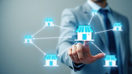 Business network graphic interface displayed on a hand.