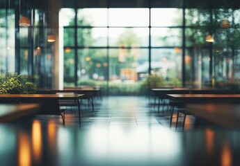 Empty modern cafe, looking through to a garden
