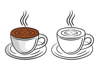 Vector Illustration of a Cup of Coffee on a Saucer, Cartoon Clipart and Line Art Design,brown,fresh,break, vintage
