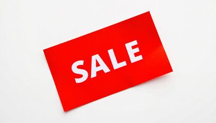 Fototapeta premium Sale discount tag in red color on a white background 
