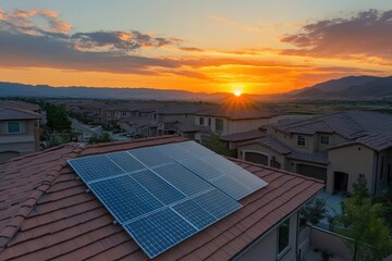 Solar panels on a house roof at sunset over a suburban neighborhood