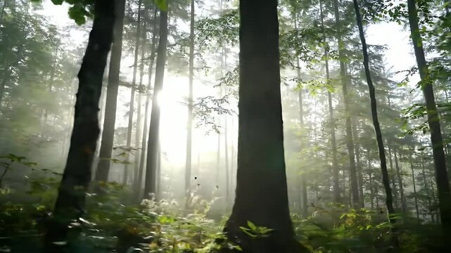 A cinematic, slow-motion video of a dense forest bathed in early morning light.