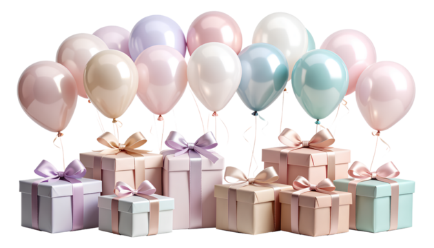 Hand-Drawn Style Birthday Card with Pastel Balloons and Ribbon-Tied Presents, Transparent Background