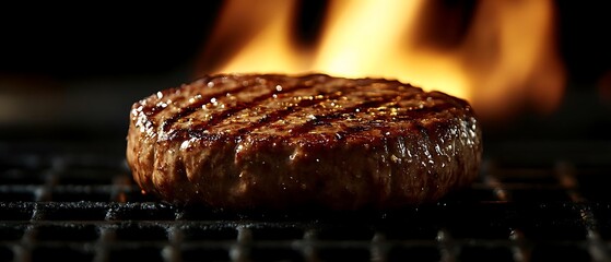 Juicy burger grilling flames