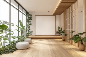 Modern Zen-style room with large windows, plants, and a blank canvas