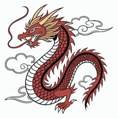 Red Chinese Dragon with Clouds Illustration