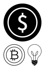 Large dollar symbol in black circle, Bitcoin symbol, and outlined light bulb signify economy, finance, investment, cryptocurrency, technology, inspiration and innovation. Ideal for modern financial