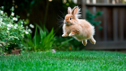 A fluffy bunny rabbit mid air jump over green grass with greenery in the background outdoors