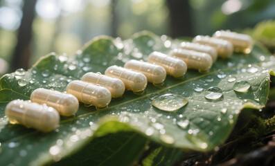 Vitamin Capsules Arranged on Fresh Green Leaf with Glistening Morning Dewdrops in Natural Outdoor Setting