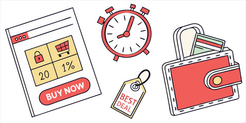 Fototapeta premium Vector illustration of mobile app, stopwatch, best deal tag and wallet with credit cards