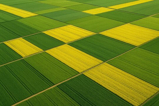 Vista a&eacute;rea de campos agr&iacute;colas geom&eacute;tricos con tonos verdes y amarillos, textura de verano y colores vibrantes

