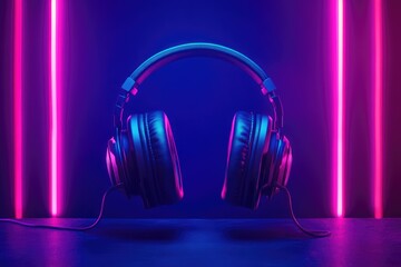 Studio headphones bathed in vibrant pink and blue neon light