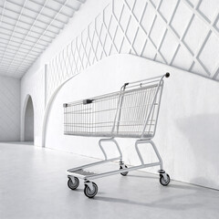 Shopping cart in a modern white architectural space with geometric patterns and arches