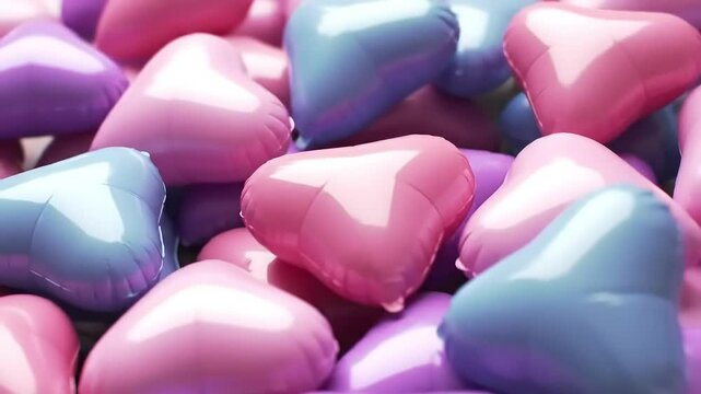 background of smooth shiny inflatable hearts in delicate marshmallow color with free space for text. design concept for wrapper, card, greeting card for happy valentine's day. generated by ai.
