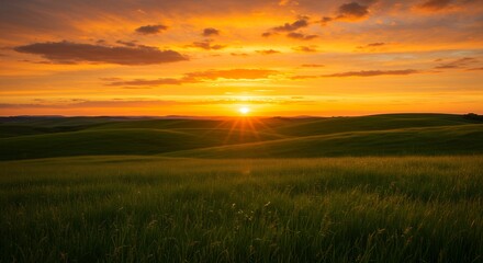 Sunset Over Green Fields with Clouds