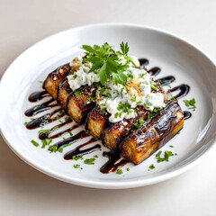 Grilled Eggplant Planks with Creamy Lemon-Garlic Dressing and Fresh Mixed Greens