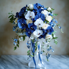 Stunning bridal bouquet featuring blue and white orchids, delicate roses, and cascading floral accents. This elegant arrangement is perfect for weddings, exuding beauty and sophistication