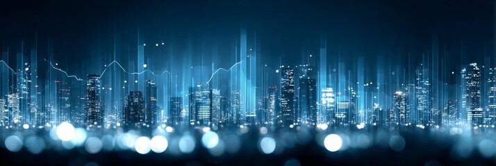 Cityscape at Night - Futuristic city skyline, glowing with data streams, symbolizing technology, innovation, progress, connectivity, and the future