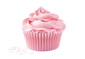 Pink cupcake with swirled frosting isolated on a white background, Png Transparent Background