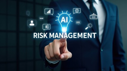 A hand points to a glowing lightbulb representing artificial intelligence and risk management.