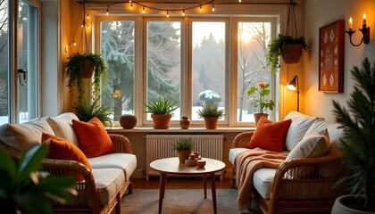 Boho chic sunroom with wicker furniture, colorful cushions, and hanging plants