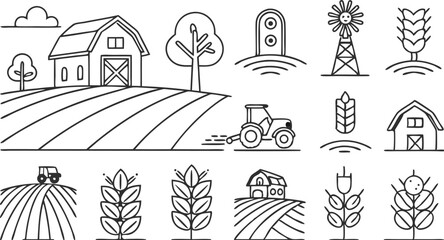 Farmer icons set. Outline set of farmer vector icons for web design isolated on a seamless vector doodle illustration in black and white background