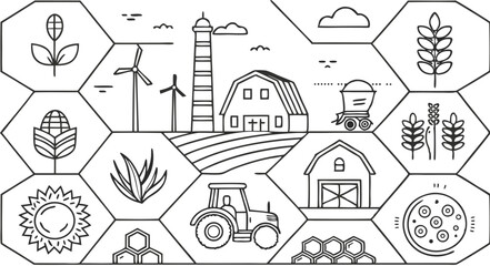 Farmer icons set. Outline set of farmer vector icons for web design isolated on a seamless vector doodle illustration in black and white background