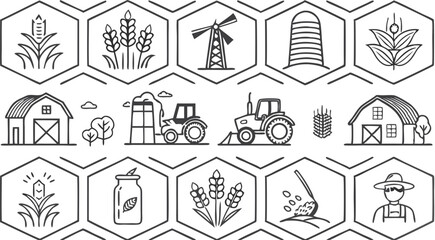 Farmer icons set. Outline set of farmer vector icons for web design isolated on a seamless vector doodle illustration in black and white background