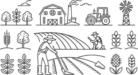 Farmer icons set. Outline set of farmer vector icons for web design isolated on a seamless vector doodle illustration in black and white background