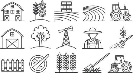 Farmer icons set. Outline set of farmer vector icons for web design isolated on a seamless vector doodle illustration in black and white background