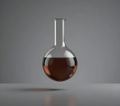 A clear glass flask (Florence flask) is floating in the middle of a plain gray background.