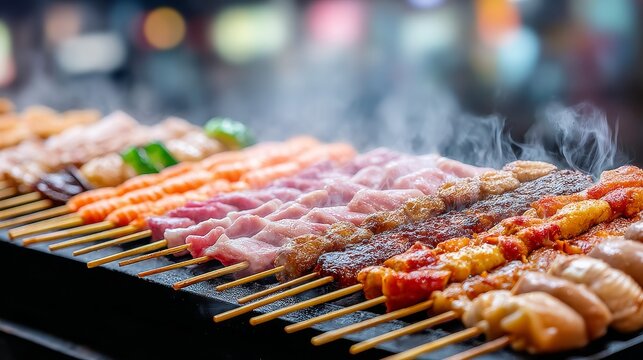 Delicious Grilled Skewers Street Food - A vibrant array of grilled meats and seafood on skewers, sizzling and smoking on a hot grill. Represents deliciousness, street food culture, summer fun