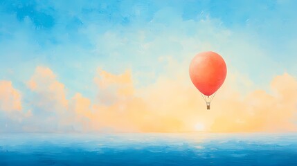 Fototapeta premium Single red hot air balloon flying over calm ocean at sunset. Conceptual image of freedom, adventure, travel, and dreams.